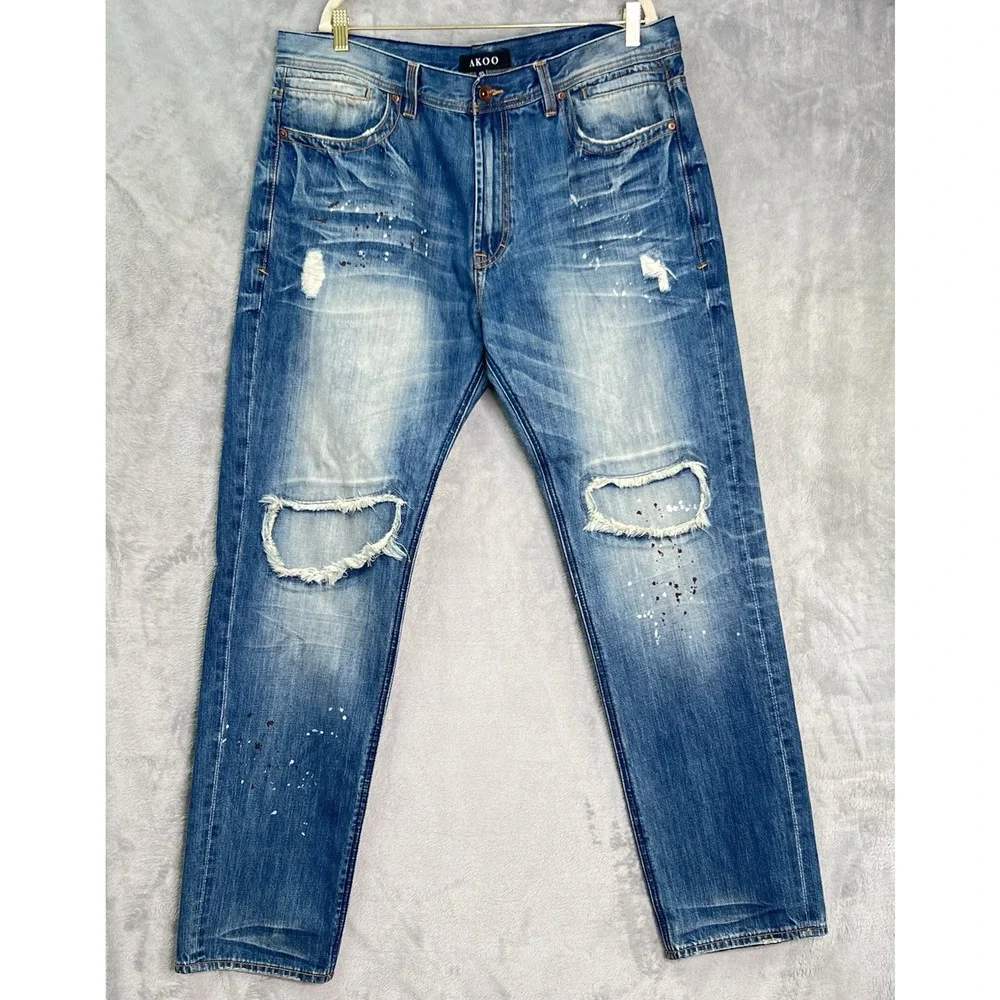 AKOO Jeans Mens 40/34 Blue Paint Splatter Distressed No Rivals Patch Big Oak Fit
